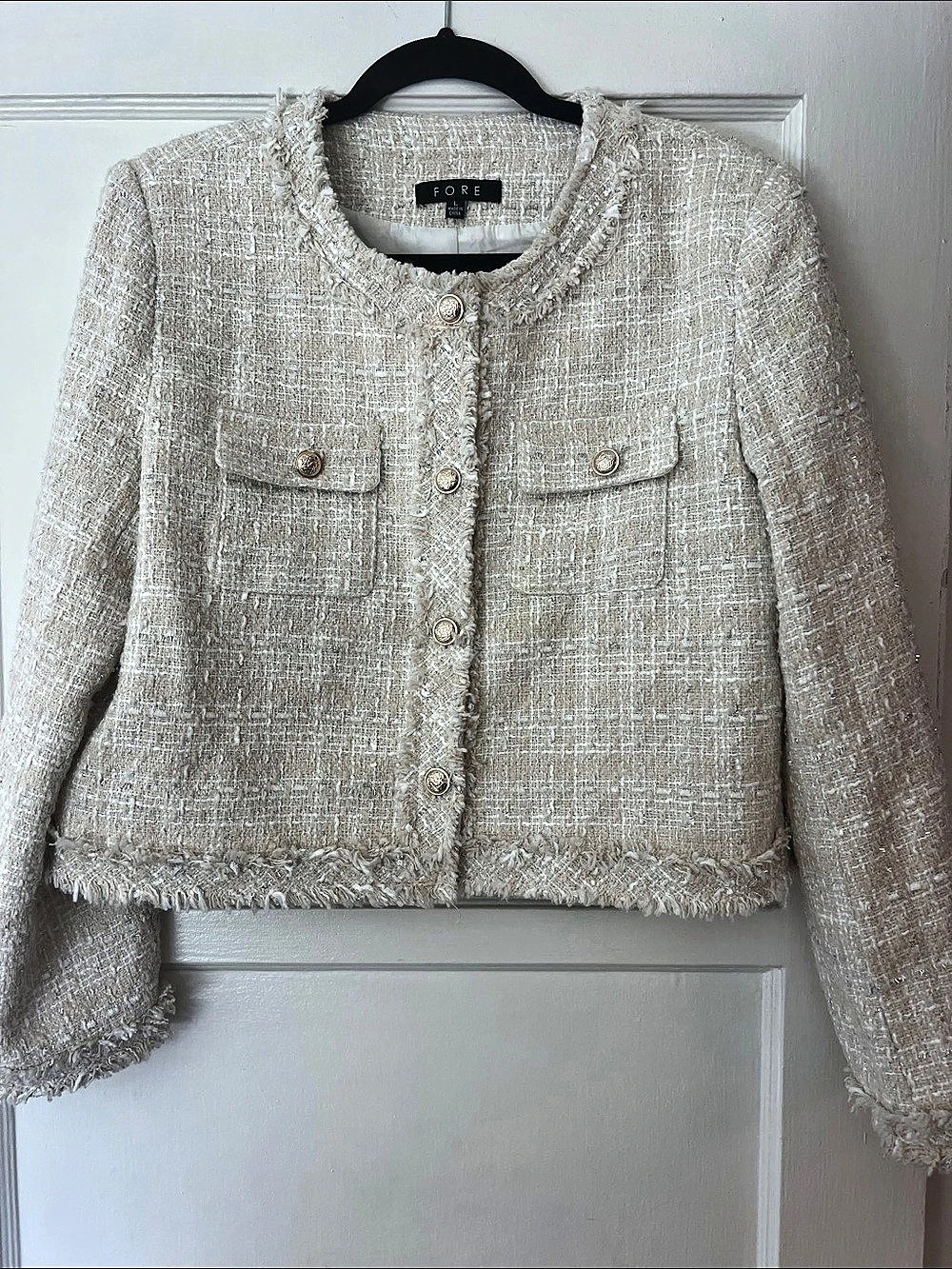 FORE Tweed Fringe Jacket in Cream Size Large Like New